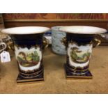 Pair of 19th century English porcelain twin handled vases on square bases, painted with landscape sc