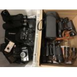 Various pairs of binoculars, cameras and accessories (2 boxes)