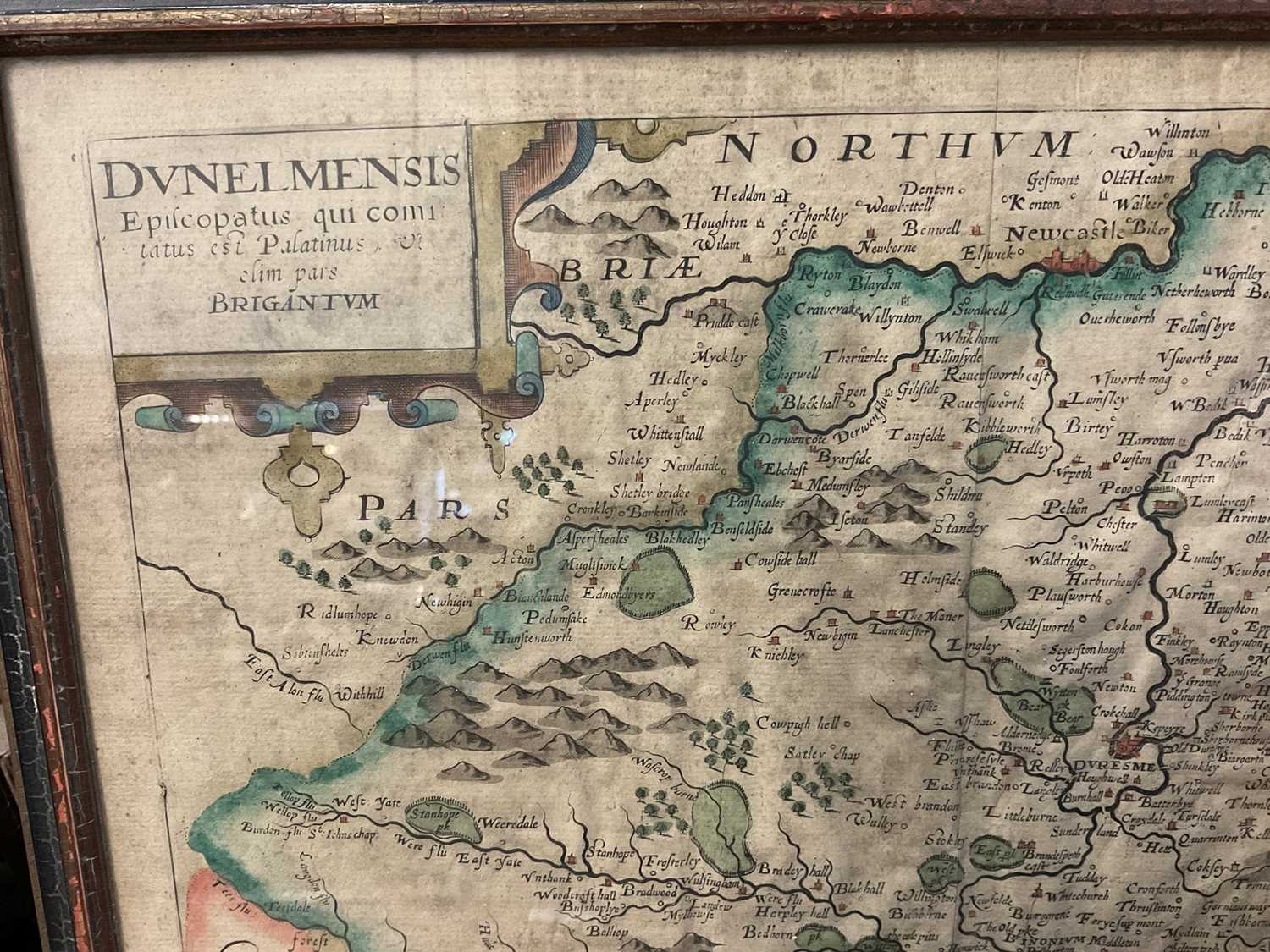Saxton - Kipp, hand coloured engraved map - Dunelmensis, map of Durham, glazed frame - Image 2 of 4