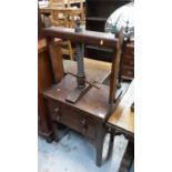 19th century oak book press with screw down top, two drawers on square legs