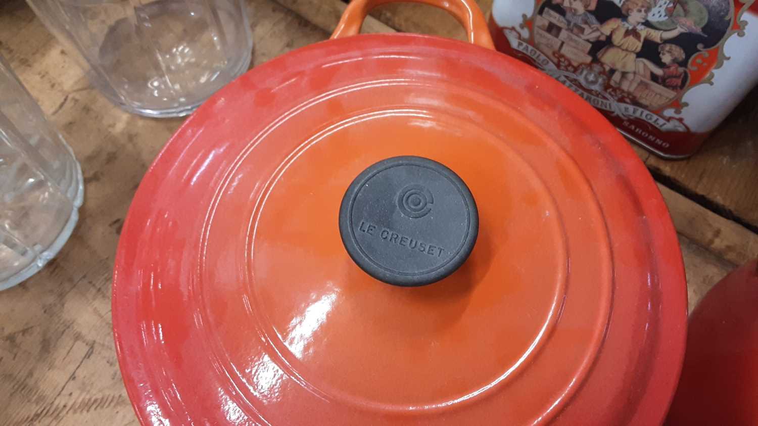Group of Le Creuset volcano orange kettle and pans - Image 4 of 9