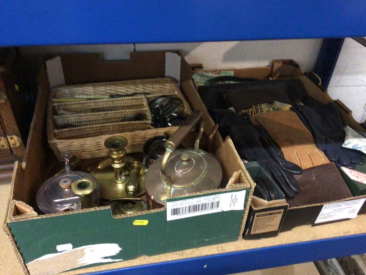 A box of brass and copper ware, a box of gloves, bags, etc, and a copper warming pan