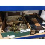 A box of brass and copper ware, a box of gloves, bags, etc, and a copper warming pan