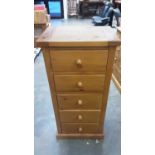 Contemporary narrow pine chest of five drawers, 51cm wide, 36cm deep, 106.5cm high