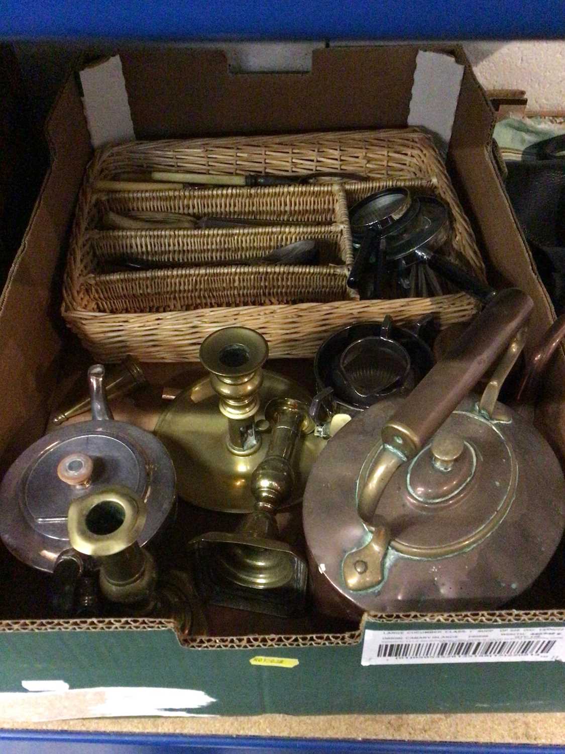 A box of brass and copper ware, a box of gloves, bags, etc, and a copper warming pan - Image 2 of 4