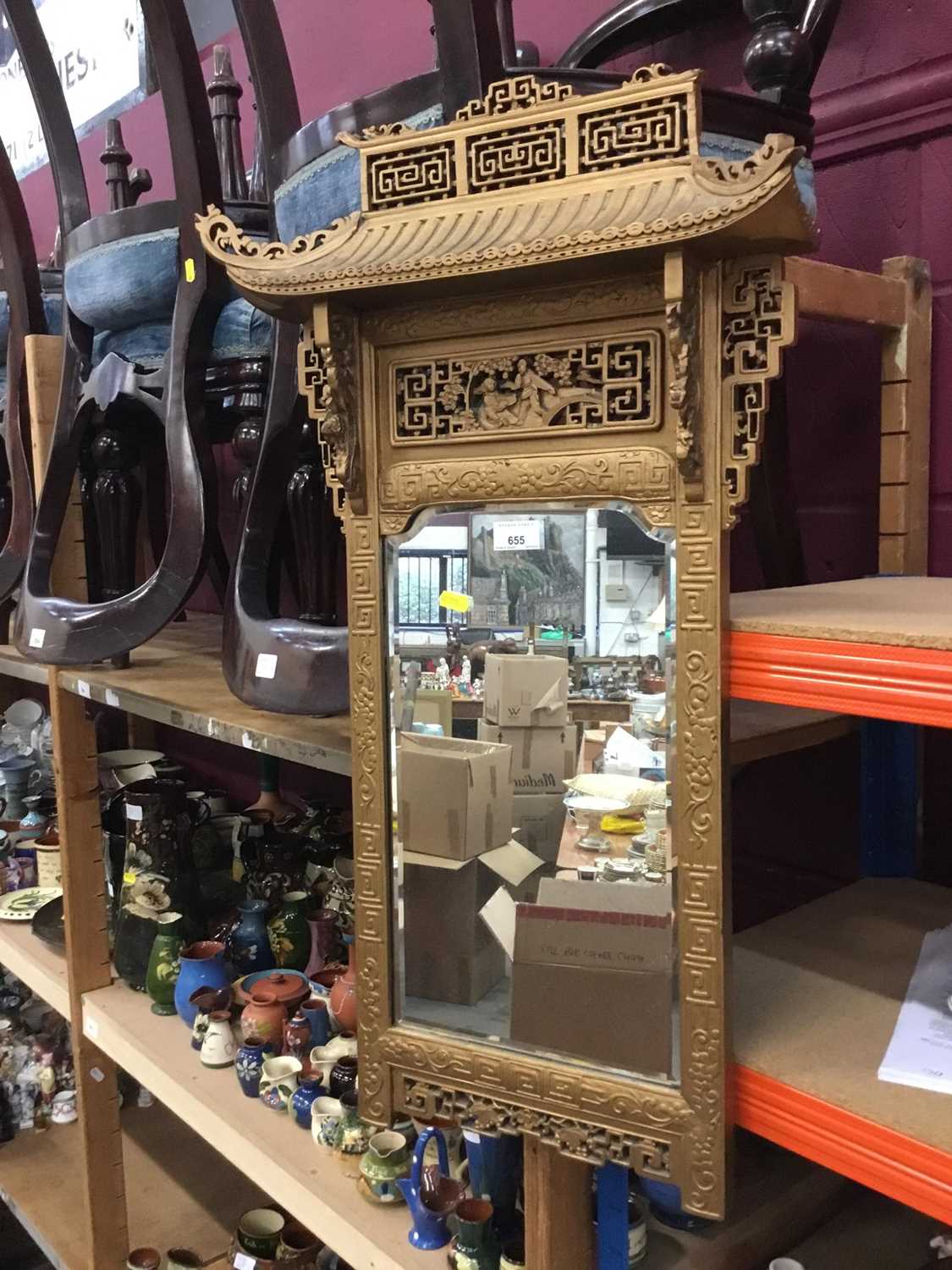 1950s Chinese giltwood mirror with architectural frame