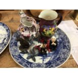 Two Delft dishes, two Royal Doulton Dickens figures and a Doulton jug, a Rosenthal Sea Lion and othe