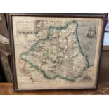 Saxton - Kipp, hand coloured engraved map - Dunelmensis, map of Durham, glazed frame