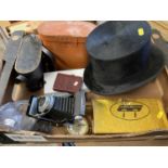 Miscellaneous items including felt top hat, binoculars, pens and sundries