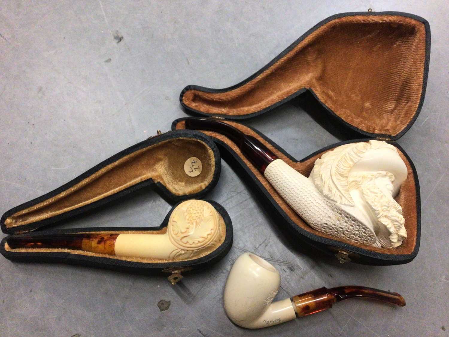 Three cased meerschaum pipes, together with a 17th century style brass lantern clock - Image 2 of 4