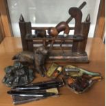 Wooden pipe rack in the form of a gate, 19th century Meerschaum pipe and others, silver cheroot hold