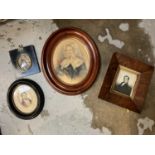 Two 19th century oval watercolour portraits on paper, a printed miniature and an overpainted 17th ce