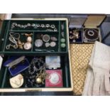 Jewellery box containing Victorian glazed locket, marcasite earrings and brooch, yellow stone neckla