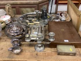 Large quantity of silver plate including two handled tray, two entrée dishes, part canteen of cutler