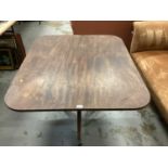 Nineteenth century mahogany tilt top table on turned column and three splayed legs with brass capped