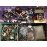 Box of costume jewellery, watch chains, various wristwatches and bijouterie