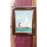 19th century naive oil on board, ship at sea, in rosewood frame