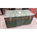 Vintage green tin trunk, 110cm wide, 55cm deep, 56cm high