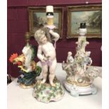 19th century Dresden Cupid table lamp, Continental figure lamp and a cockerel lamp (3)