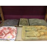 Two plaster reproduction Greek style plaques, 3 carved relief reproduction wall plaques