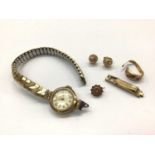 9ct gold cased watch on plated bracelet, 9ct gold watch strap clasp, pair 9ct gold earrings, 9ct gol