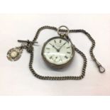 Late Victorian silver cased pocket watch on silver chain with fob