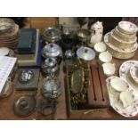 Two silver plated trophies, group of metalware and other items including a wooden desk top letter bo