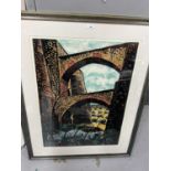 Penny Berry Paterson (1941-2021) colour linocut, Elva's Aquaduct, signed and numbered 4/5, 78 x 55cm