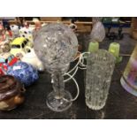 A cut and etched glass lamp with floral decoration, in the style of Waterford, 35cm high, together w