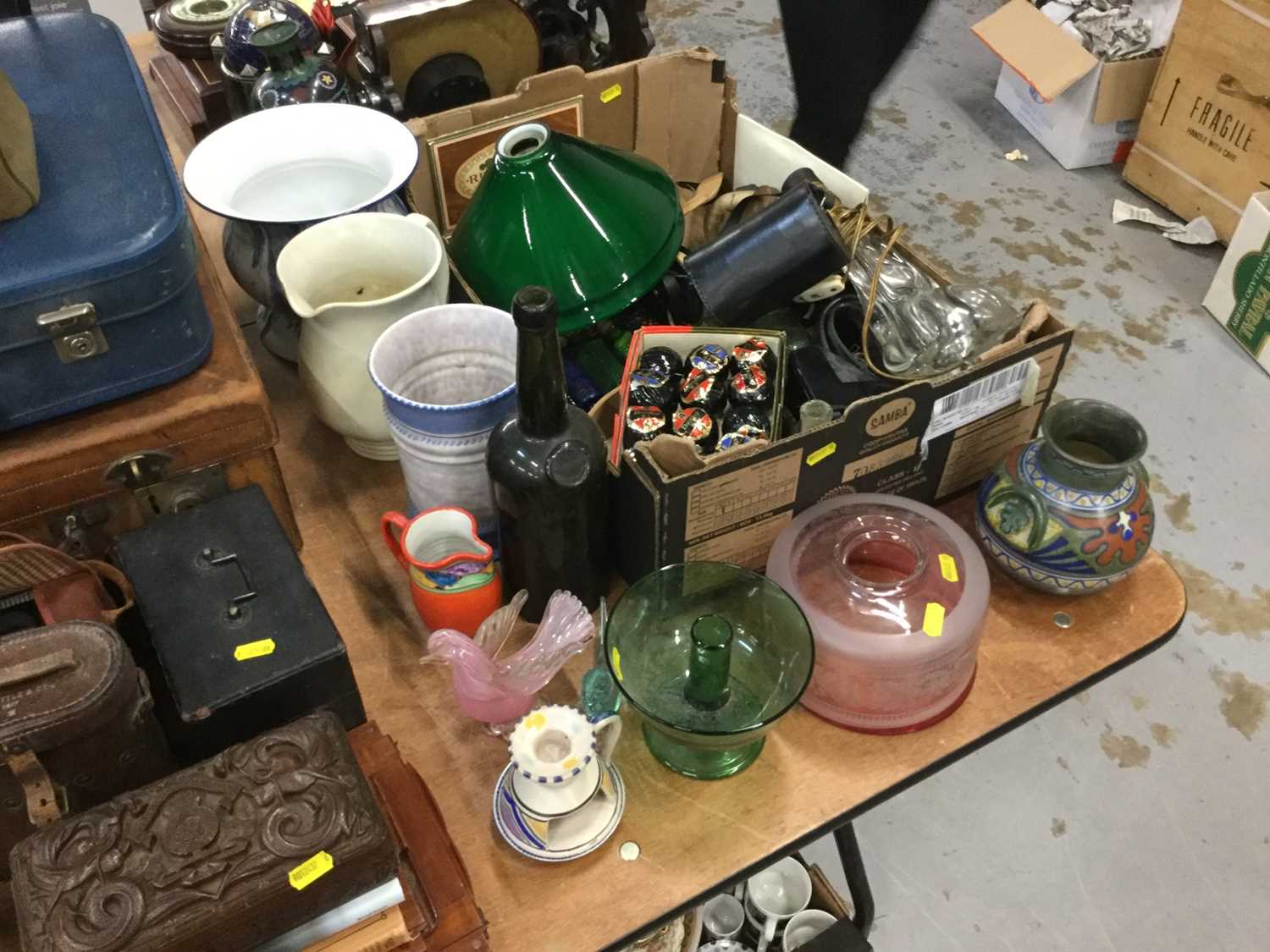 Edwardian glass oil lamp shades, ceramics and sundries