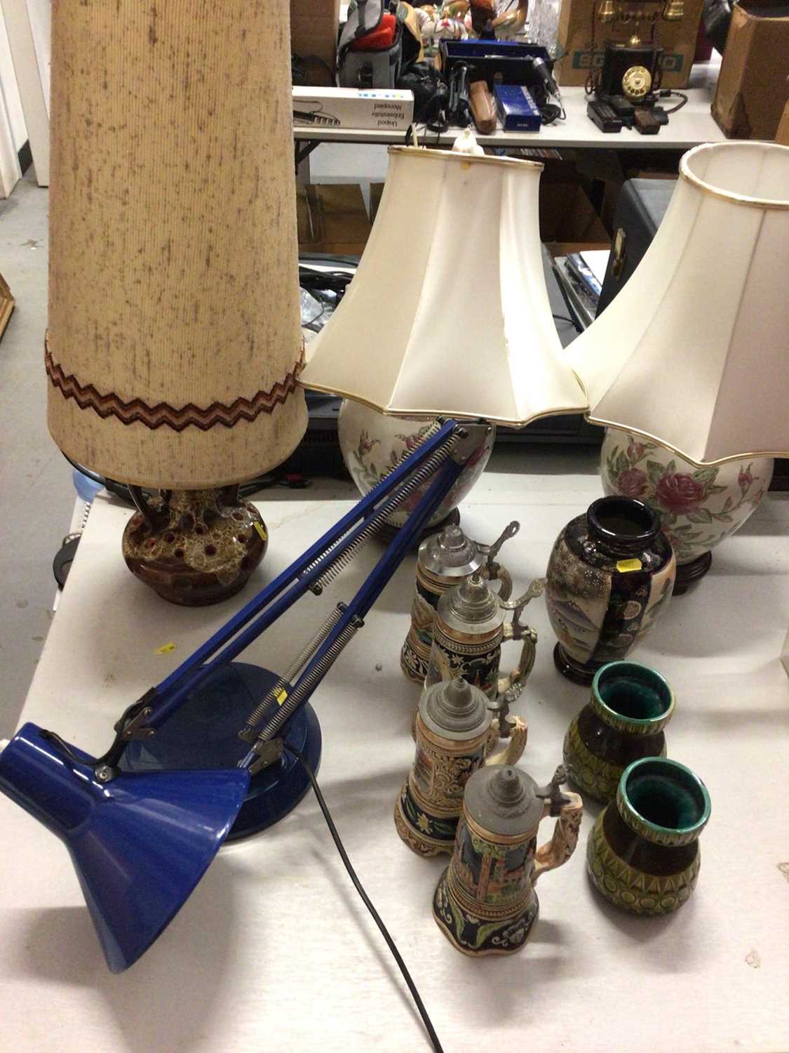 Blue anglepoise lamp, German pottery lamp, pair of table lamps and other china