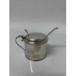 Edwardian silver drum mustard, with scroll handle and hinged domed cover, with shell thumb piece, bl