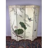 Chinese white lacquered four fold screen, decorated with water birds and foliage, 183cm high