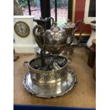 A group of mostly 19th century silver plate, including teapots, salver, etc