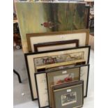 Mixed group of decorative pictures, hunting oil and others