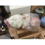 1920's oak mantle clock, another mantel clock, two boxes and doll