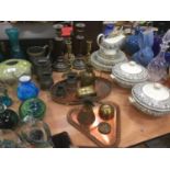 Pair of brass candlesticks, pewter tankards and other metalware.