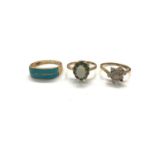 Egyptian gold turquoise panel ring and two 9ct gold gem set cluter rings (3)