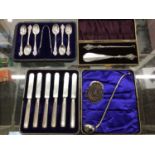 Set of six silver teaspoons and sugar tongs, cased silver handled button hook and shoe horn, cased s
