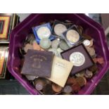 Group of mixed world and GB coinage, plus two coin tins