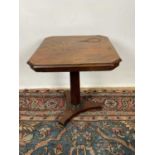 Early Victorian mahogany side table, with canted square hinged top on facetted column and triangular