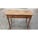 Victorian pine side table with single drawer on turned legs, 91cm wide, 43cm deep, 73cm high