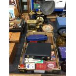 Sundry items, including a set of scales, a gong, candlesticks, card games, studio pottery, and a clo