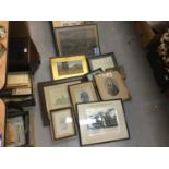 One box of mixed pictures to include 1930's needlework sampler, military photographs and others.
