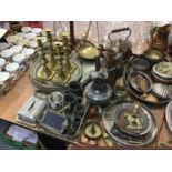 Group of mixed metalware to include brass scales and candlesticks, silver plated oval tray and entre