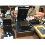 1930s HMV portable wind up gramophone together with a vintage Ferguson Solid State record player wit