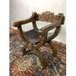 Italian carved walnut chair with leather seat