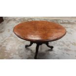 Victorian burr walnut oval tilt top loo table on turned column and four splayed legs, 120cm x 88cm