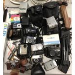 Group of digital and other cameras including Kodak, Minolta, Olympus etc tripods and accessories