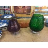 Whitefriars type large amber tinted glass vase, and two other glass vases